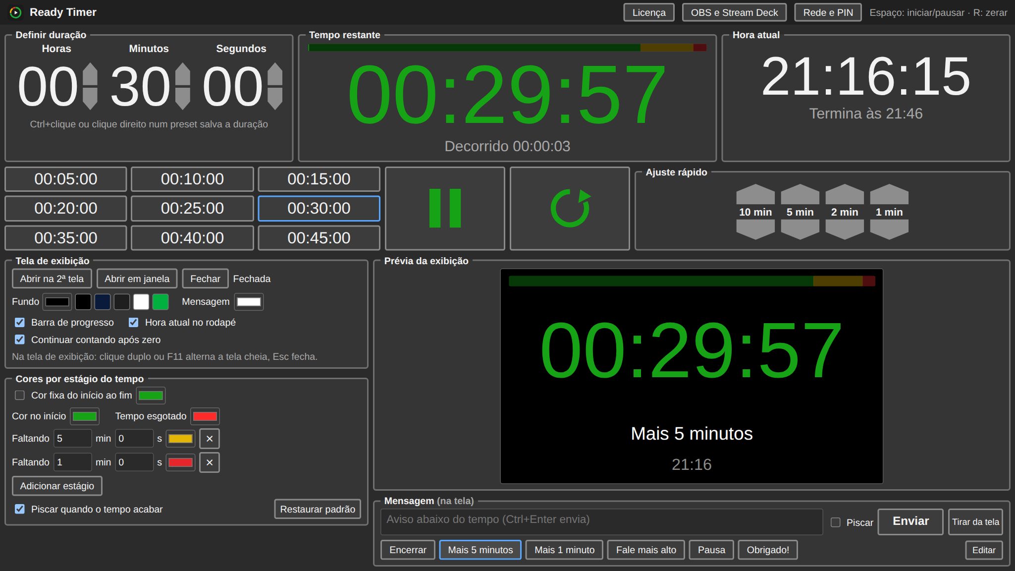 Painel de controle do Ready Timer com o tempo restante, presets, ajuste rápido e prévia da tela de exibição